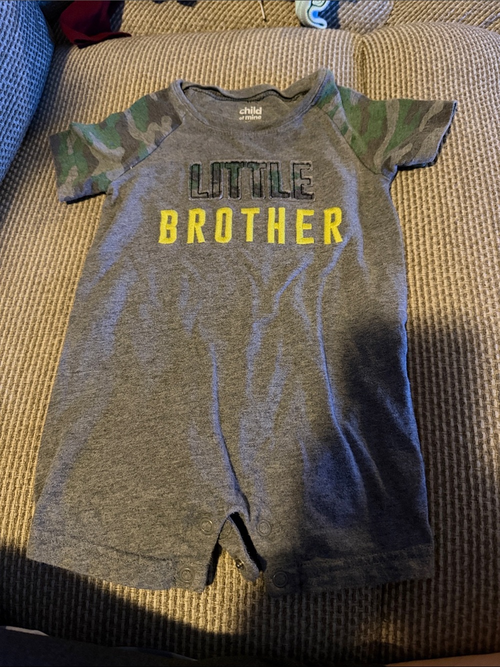 child of mine Gray Romper with Green Camo Sleeves